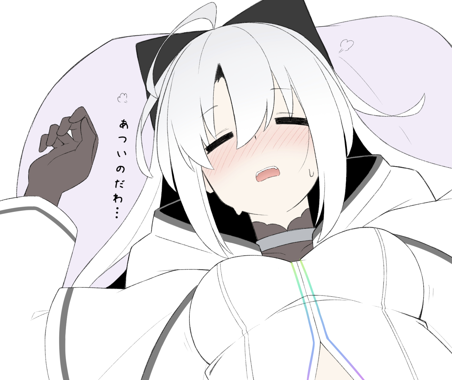 kanon (duel masters), duel masters, duel masters play's, highres, ahoge, black bow, black gloves, blush, bow, breasts, closed eyes, collarbone, dreameater00, dress, gloves, grey hair, hair bow, long hair, medium breasts, open mouth, pillow, white dress