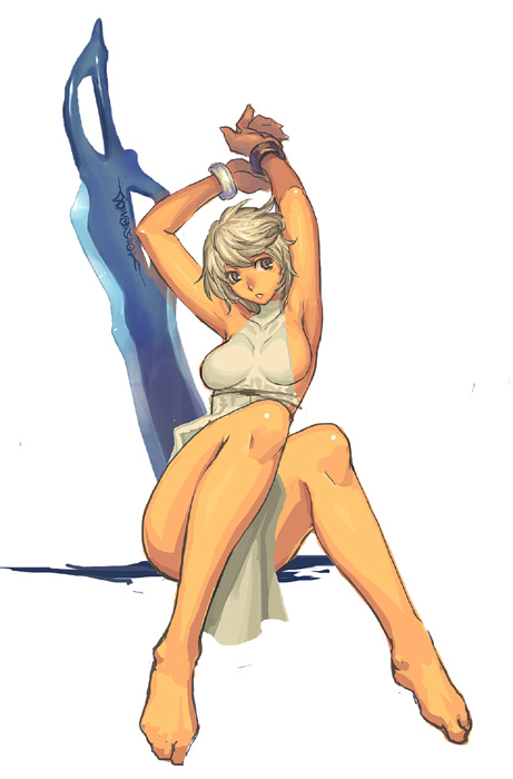 ran'ou (tamago no kimi), 1girl, armpits, arms up, barefoot, breasts, brown eyes, dress, feet, female focus, large breasts, short hair, sideboob, solo, sword, tan, weapon, white hair