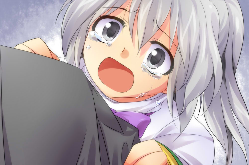 dairi, mononobe no futo, touhou, commentary request, md5 mismatch, 1girl, :o, abstract background, blush, bow, bowtie, crying, dress, grabbing another's arm, grey background, grey eyes, grey hair, grin, hair between eyes, long hair, long sleeves, looking at viewer, open mouth, ponytail, portrait, pov, purple bow, purple bowtie, smile, solo focus, white background, white dress