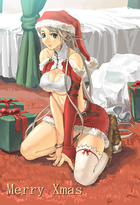 ran'ou (tamago no kimi), original, silver hair, 1girl, asymmetrical clothes, blue eyes, breasts, christmas, female focus, gift, hat, kneeling, long hair, midriff, santa costume, santa hat, single thighhigh, solo, thighhighs, underboob