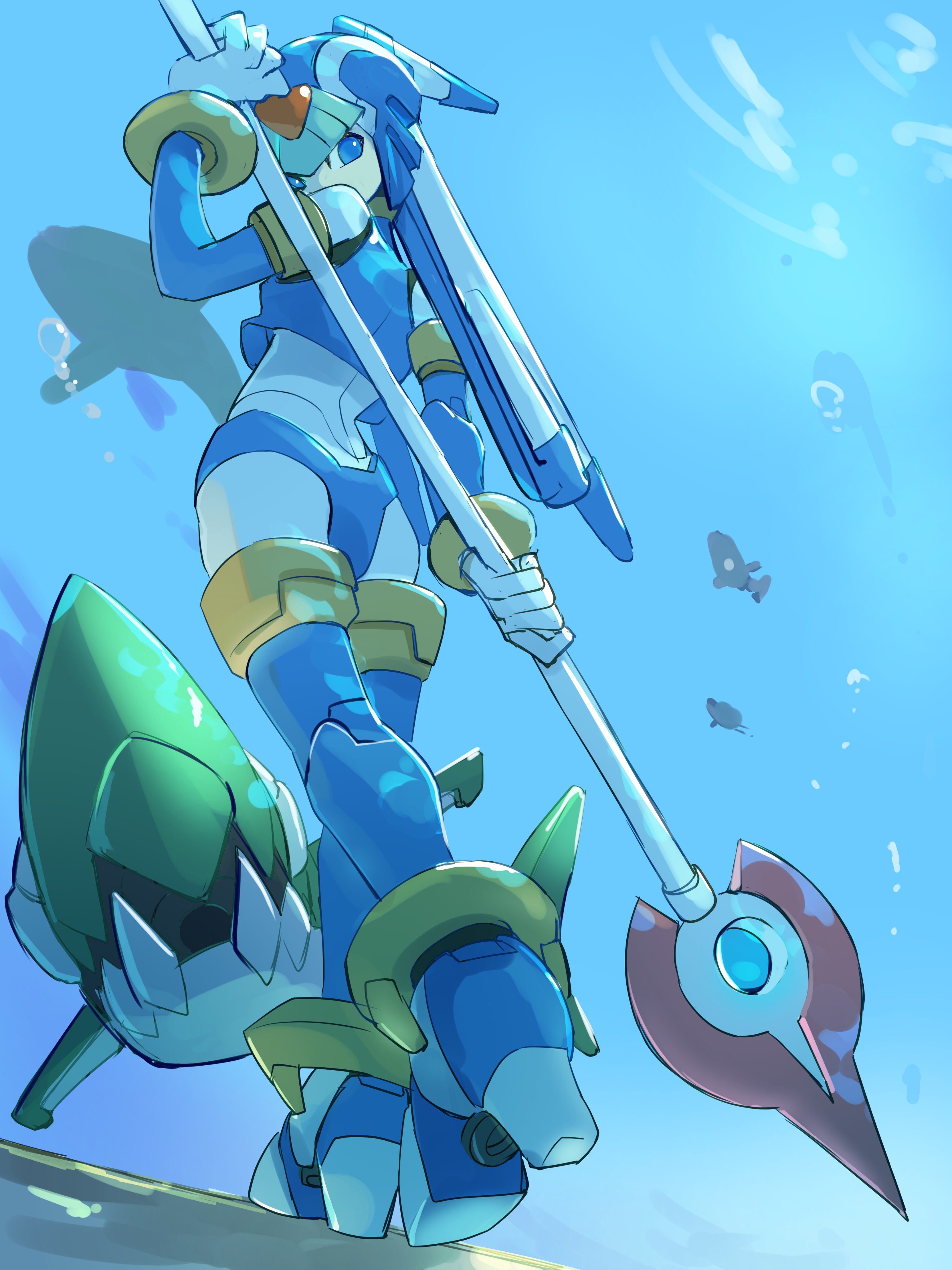 omochi (mochi skymega), fairy leviathan (mega man), mega man (series), mega man zero (series), absurdres, highres, 1girl, armor, blue armor, blue eyes, blue helmet, from behind, full body, helmet, holding, holding polearm, holding weapon, polearm, solo focus, spear, weapon