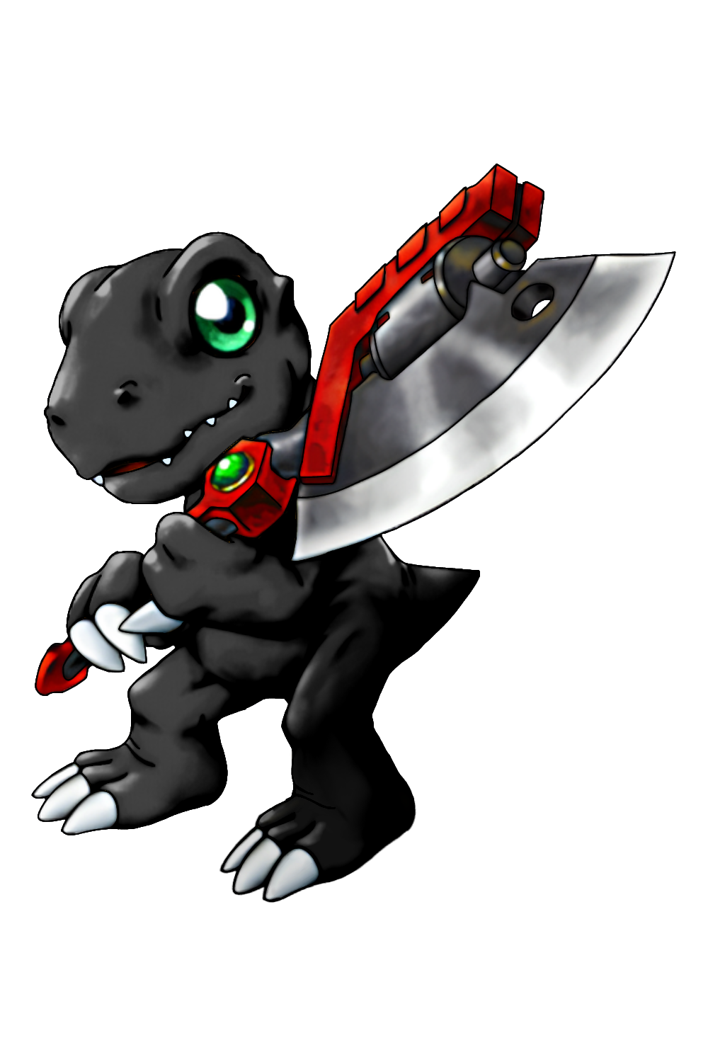 agumon (black), digimon, axe, claws, digimon (creature), green eyes, looking at viewer, sera-chan (pixiv user 39646239), sharp teeth, teeth, transparent background