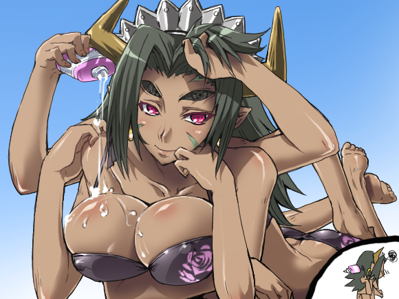 ifuji shinsen, shiyuu (nijiura maids), futaba channel, nijiura maids, shinrabanshou, eyebrows, bad id, bad pixiv id, 1girl, adjusting hair, barefoot, bikini, blue background, breasts, chibi, chibi inset, cleavage, covered erect nipples, dark-skinned female, dark skin, extra arms, extra eyes, feet, female focus, floral print, gradient background, green hair, horns, large breasts, long hair, looking at viewer, lotion, lying, maid headdress, markings, monster girl, multi limb, on stomach, pink eyes, simple background, smile, soles, solo, suggestive fluid, swimsuit, the pose