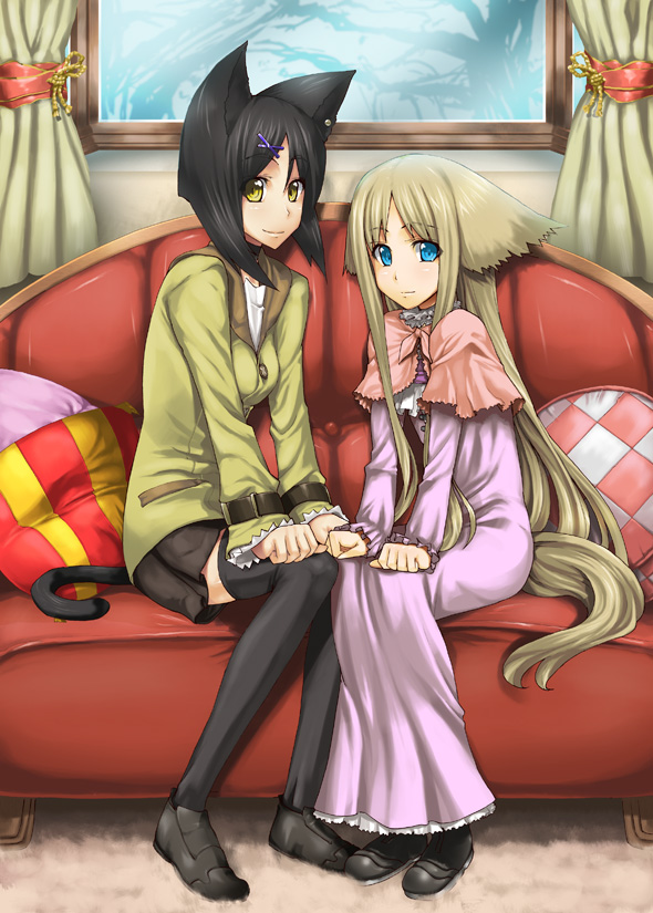 ifuji shinsen, black footwear, 2girls, animal ears, black hair, blonde hair, blue eyes, capelet, couch, dress, long dress, long hair, multiple girls, picture frame, purple dress, red upholstery, shoes, short hair, sitting, smile, tail, thighhighs, yellow eyes