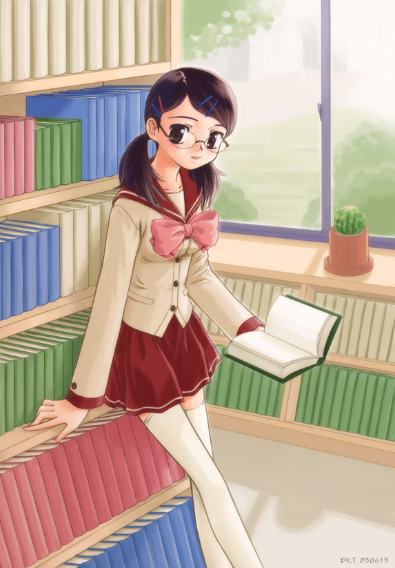 dktaka, book, brown eyes, brown hair, glasses, hair ornament, hairclip, library, school uniform, serafuku, solo, thighhighs, twintails