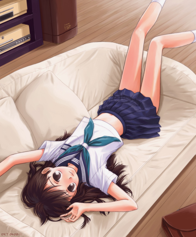 dktaka, brown eyes, brown hair, couch, dated, kneehighs, midriff, school uniform, serafuku, socks, solo, white socks