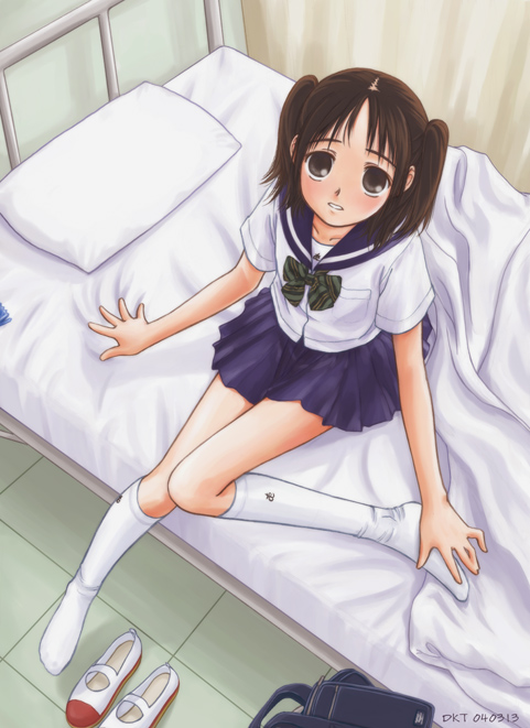 dktaka, bed, brown eyes, brown hair, kneehighs, ribbon, school uniform, serafuku, socks, solo, twintails