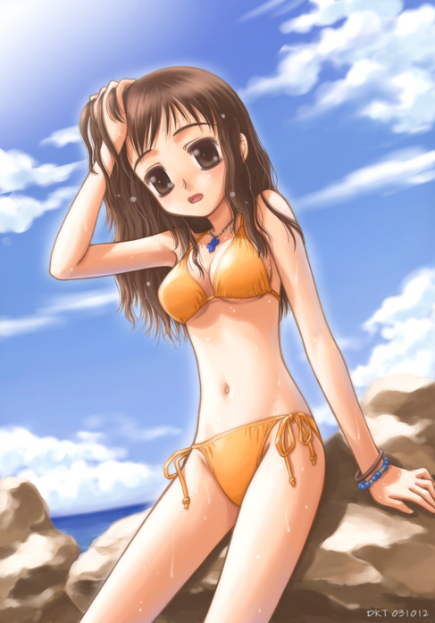 dktaka, 1girl, bikini, bracelet, breasts, brown eyes, brown hair, cleavage, cloud, dated, day, female focus, halterneck, hand in own hair, jewelry, necklace, ocean, on rock, orange bikini, outdoors, rock, side-tie bikini bottom, sitting, sky, solo, string bikini, swimsuit, wet