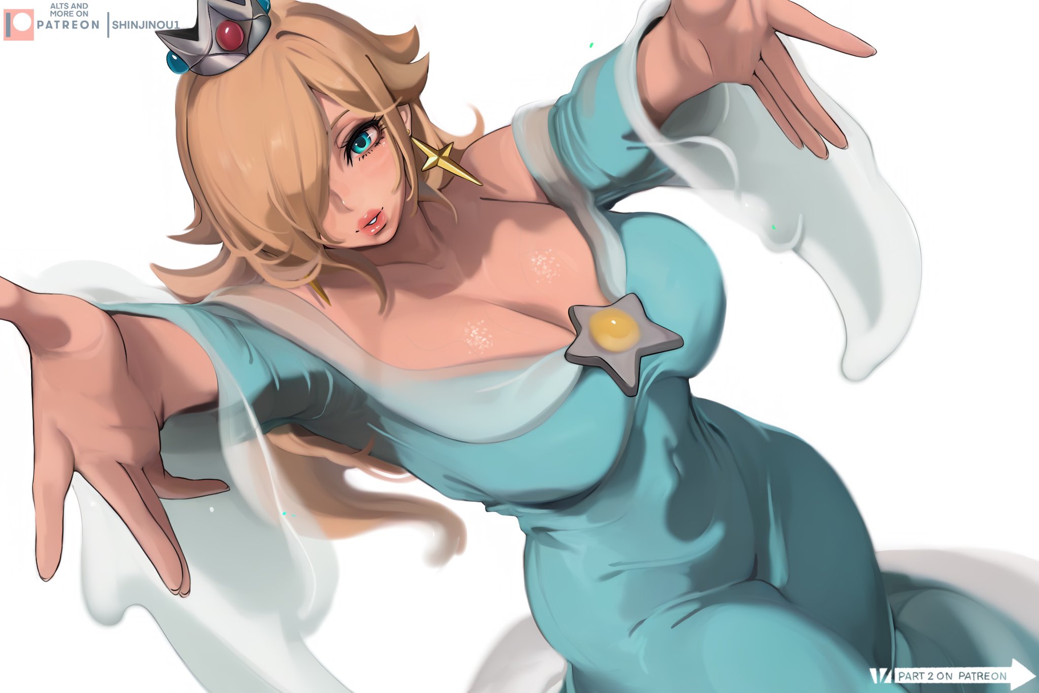 lady shin, rosalina, mario (series), nintendo, super mario galaxy, highres, 1girl, aqua dress, aqua eyes, bare shoulders, blonde hair, blue gemstone, breasts, brooch, cleavage, crown, dress, earrings, gem, gold earrings, hair over one eye, jewelry, large breasts, long dress, long hair, looking at viewer, mini crown, off-shoulder dress, off shoulder, outstretched arms, parted lips, patreon username, red gemstone, solo, star brooch, upper body, white background