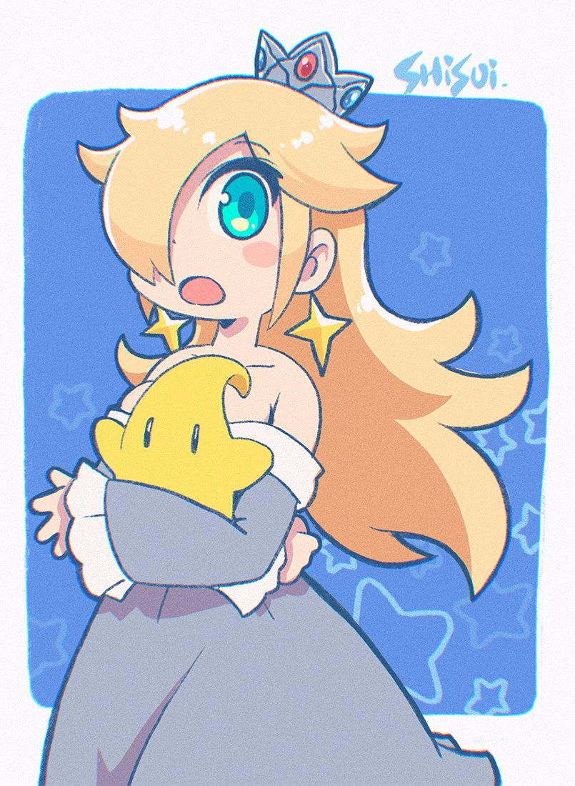 shisui, luma (mario), rosalina, mario (series), nintendo, 1girl, :o, artist name, bare shoulders, blonde hair, blue dress, blue eyes, crown, dress, earrings, hair over one eye, jewelry, long hair, long sleeves, looking at viewer, off-shoulder dress, off shoulder, open mouth, sleeves past wrists, star (symbol), star earrings