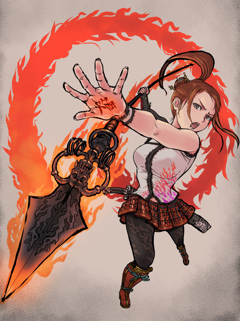 honoji, pixiv yousenki, 1girl, brown hair, female focus, fire, foreshortening, long hair, open mouth, pantyhose, polearm, ponytail, skirt, solo, spear, weapon