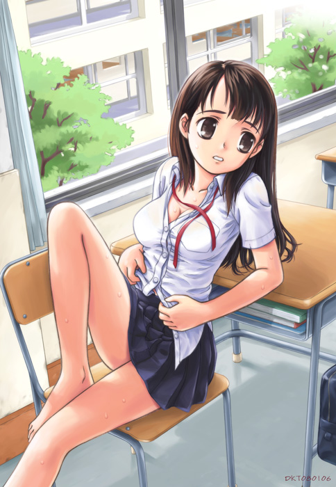 dktaka, original, 1girl, barefoot, breasts, brown eyes, brown hair, chair, cleavage, dated, desk, feet on chair, female focus, indoors, medium breasts, school chair, school desk, school uniform, serafuku, sitting, solo