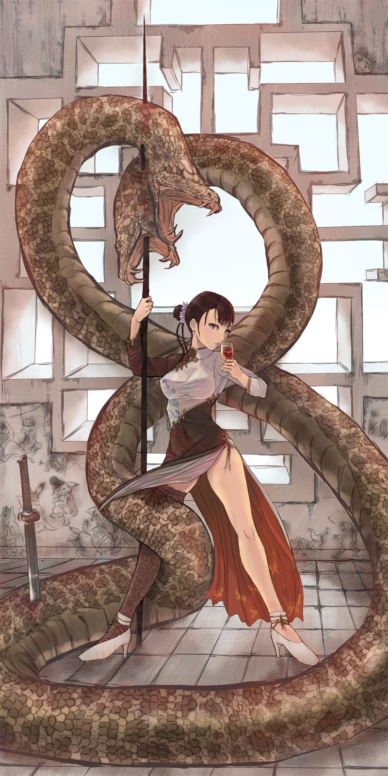 honoji, original, bad id, bad pixiv id, highres, long image, tall image, 1girl, alcohol, asymmetrical clothes, brown hair, china dress, chinese clothes, cupping glass, dress, female focus, jian (weapon), katana, polearm, short hair, single thighhigh, snake, solo, spear, sword, thighhighs, weapon, wine