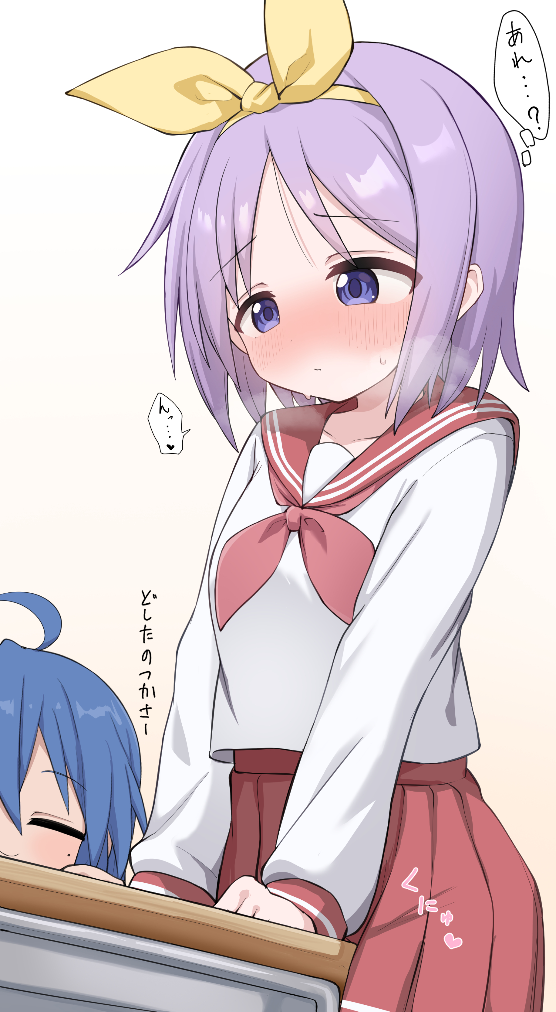 nicomi-chan, hiiragi tsukasa, izumi konata, lucky star, absurdres, commentary request, highres, translation request, 2girls, ahoge, blush, bow, bow hairband, brown background, closed mouth, crotch rub, desk, forehead, hairband, hands on table, implied masturbation, long sleeves, masturbation, medium hair, mole, mole under eye, multiple girls, neckerchief, nose blush, parted bangs, pleated skirt, purple eyes, purple hair, raised inner eyebrows, red neckerchief, red sailor collar, red skirt, ryouou school uniform, sailor collar, school desk, school uniform, serafuku, shirt, skirt, solo focus, speech bubble, steam, steaming body, sweat, table humping, thought bubble, white shirt, yellow bow, yellow hairband
