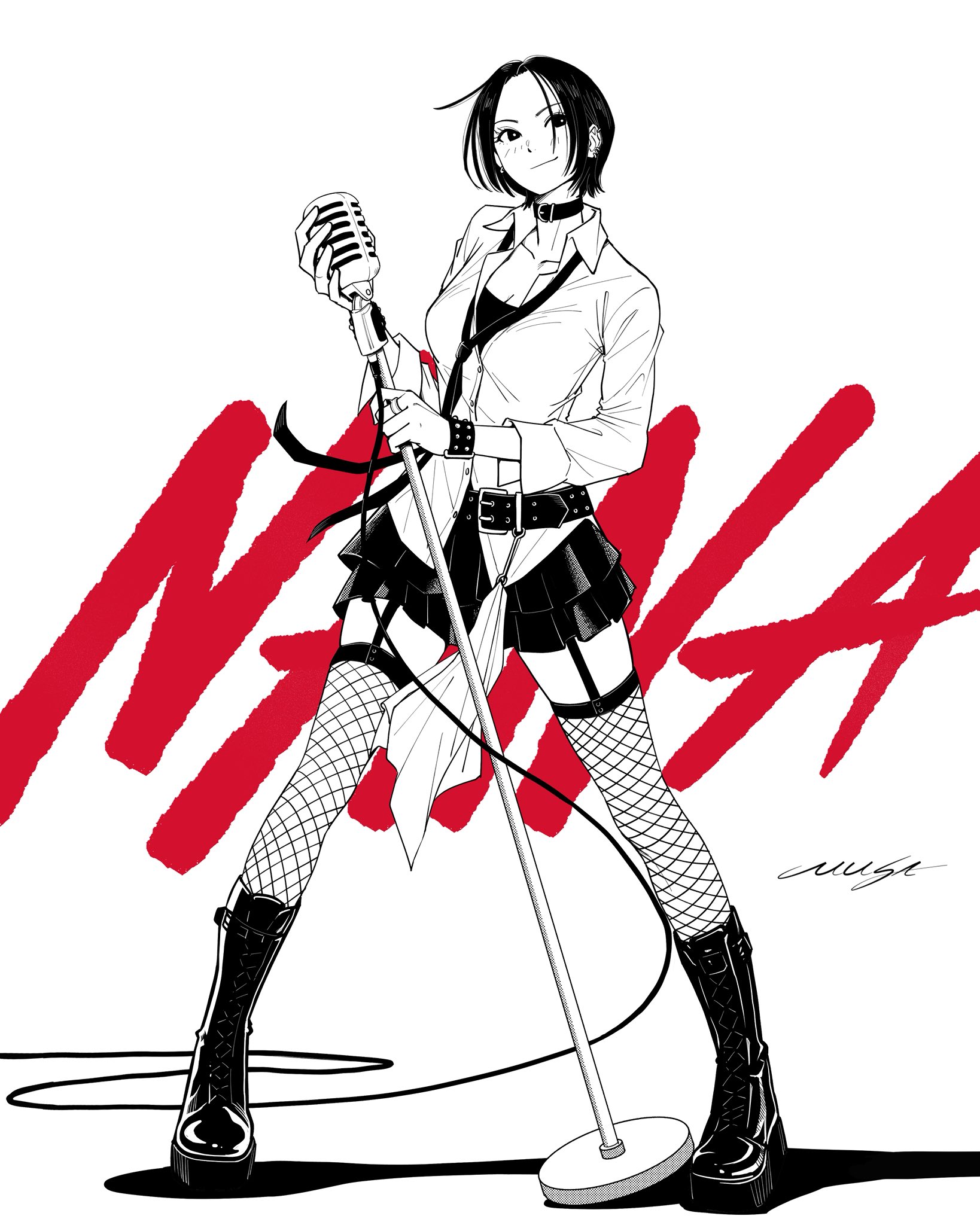 musa (musa draws), osaki nana, nana (series), highres, 1girl, animal collar, belt, black belt, black boots, black hair, black necktie, black skirt, boots, bracelet, breasts, character name, cleavage, collar, collared shirt, copyright name, fishnet thighhighs, fishnets, full body, garter straps, holding, holding microphone stand, jewelry, light blush, loose necktie, medium breasts, microphone stand, miniskirt, necktie, parted bangs, shirt, short hair, signature, skirt, smile, solo, standing, studded bracelet, thighhighs, white background, white shirt