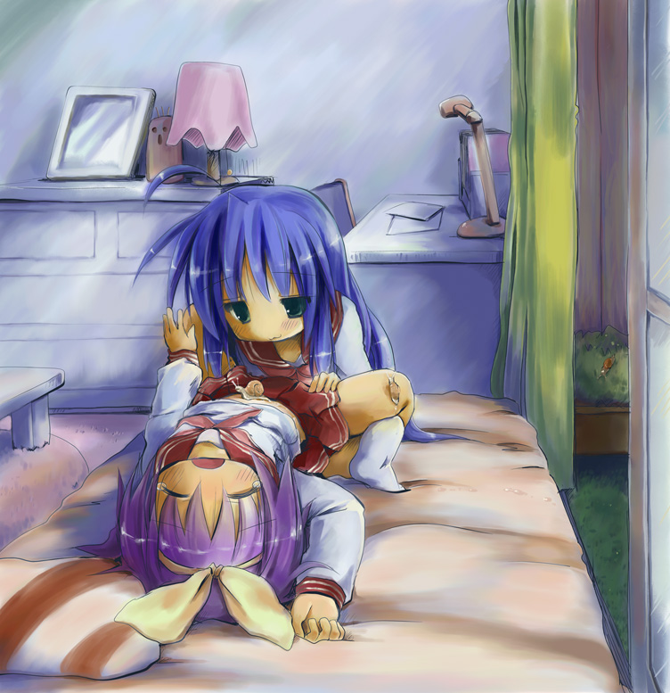 sakanaya nakasa, hiiragi tsukasa, izumi konata, lucky star, 00s, 2girls, :3, bed, closed eyes, feet, multiple girls, school uniform, serafuku, snail, socks, yuri