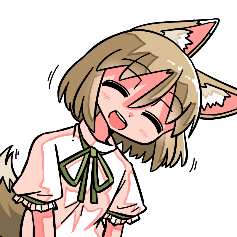 kasuya baian, kudamaki tsukasa, touhou, commentary request, 1girl, ^ ^, animal ear fluff, animal ears, blush, brown hair, closed eyes, facing viewer, fox ears, fox girl, fox tail, green ribbon, hair between eyes, head tilt, motion lines, neck ribbon, open mouth, puffy short sleeves, puffy sleeves, ribbon, romper, short hair, short sleeves, simple background, sleeve ribbon, smile, solo, tail, teeth, upper body, upper teeth only, white background, white romper
