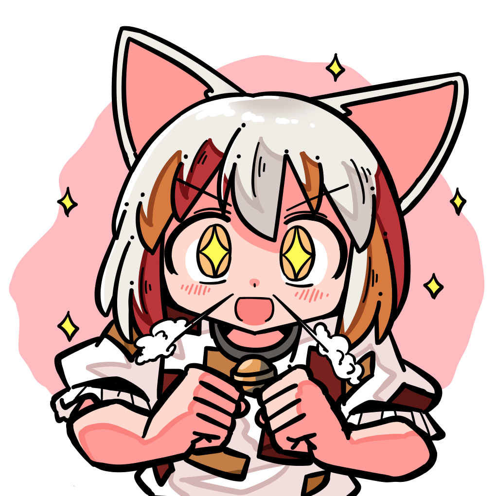 kasuya baian, goutokuji mike, touhou, commentary request, + +, 1girl, :d, animal ears, bell, black choker, blush, cat ears, cat girl, choker, jingle bell, looking at viewer, multicolored hair, neck bell, open mouth, orange streaks, patchwork clothes, pink background, puffy short sleeves, puffy sleeves, red streaks, shirt, short hair, short sleeves, smile, solo, sparkle, steam from nose, streaked hair, upper body, white background, white shirt, yellow eyes