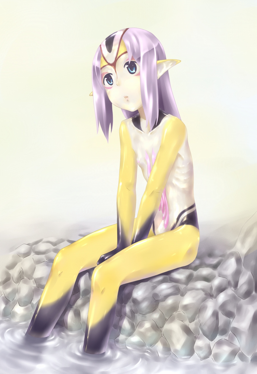 chi (pixiv2035), chikuyama, mutio, ao no roku-gou, bad id, bad pixiv id, highres, 1girl, beach, blue eyes, female focus, flat chest, long hair, monster girl, nipples, nude, open mouth, pointy ears, purple hair, sitting, soaking feet, solo, water