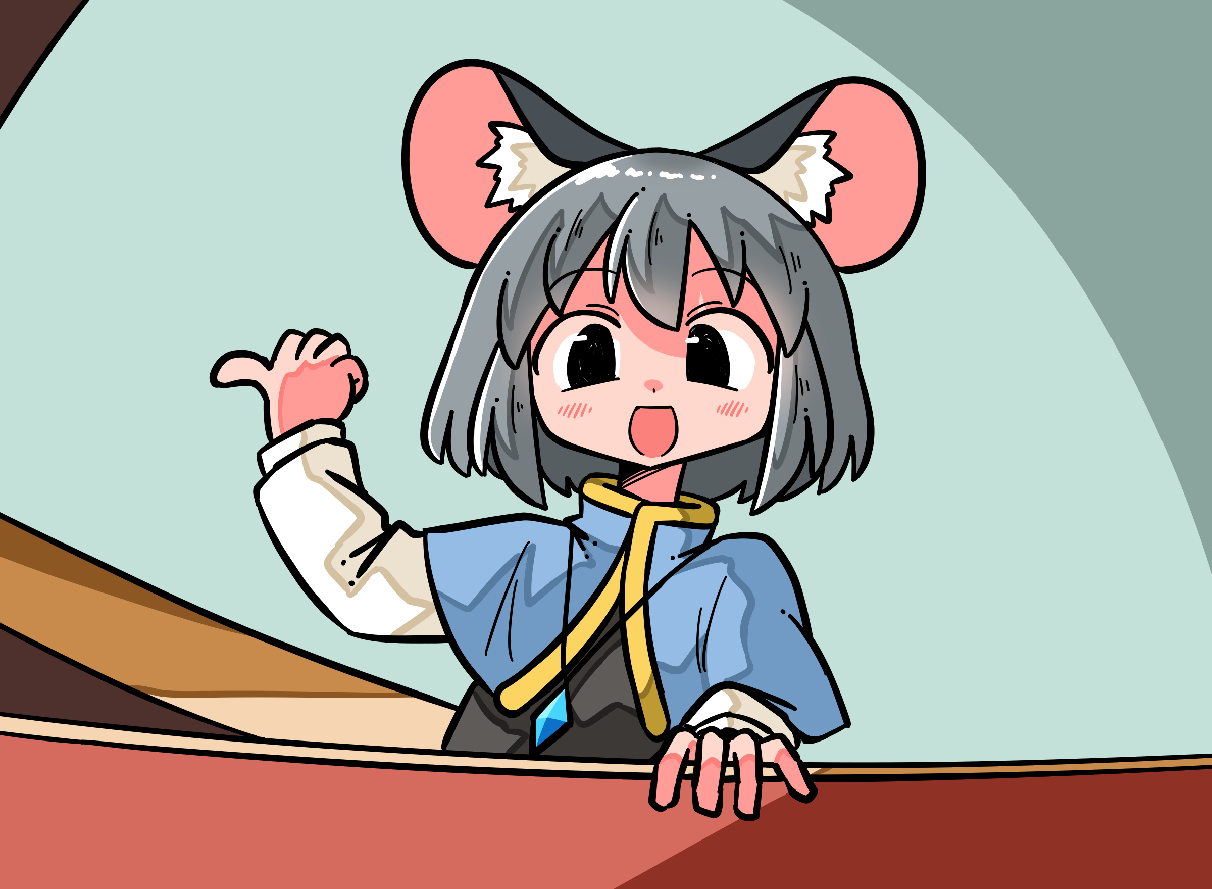 kasuya baian, nazrin, touhou, commentary request, highres, 1girl, :d, animal ear fluff, animal ears, black dress, black eyes, blue capelet, blush, capelet, dress, grey hair, jewelry, long sleeves, looking at viewer, mouse ears, mouse girl, necklace, open mouth, pointing, pointing with thumb, shirt, short hair, smile, solo, upper body, white shirt