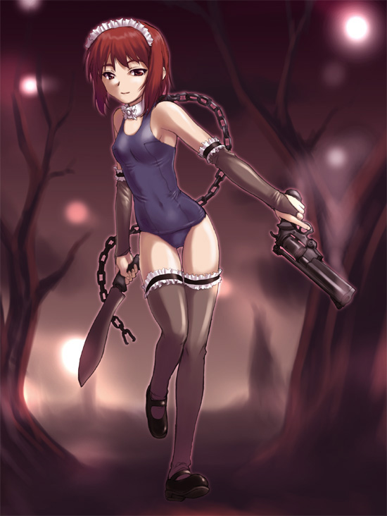 sakaki imasato, 1girl, chain, choker, close-quarters combat, elbow gloves, female focus, gloves, gun, handgun, knife, kukri, one-piece swimsuit, red eyes, red hair, revolver, school swimsuit, solo, swimsuit, thighhighs, weapon