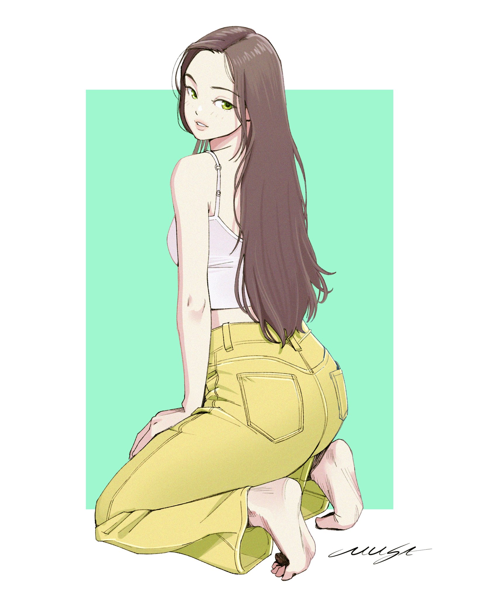 musa (musa draws), original, highres, 1girl, bare arms, bare shoulders, barefoot, border, breasts, brown hair, camisole, full body, green background, kneeling, light blush, long hair, looking at viewer, medium breasts, midriff, pants, parted bangs, parted lips, signature, solo, white border, white camisole, yellow eyes, yellow pants