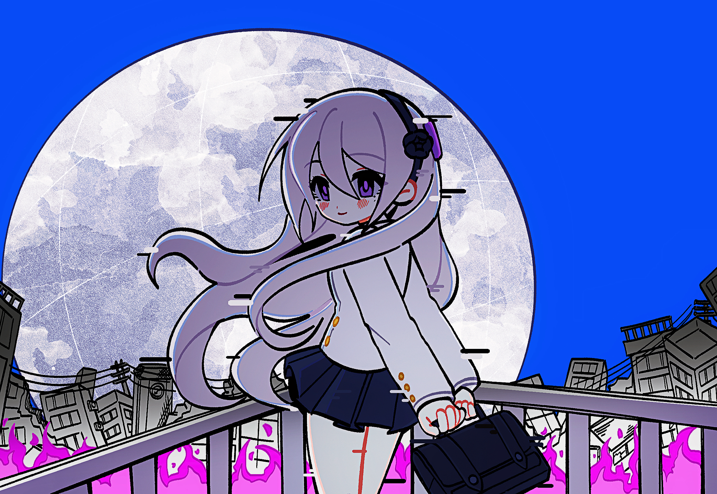 kashimiya karua, the hundred line -last defense academy-, chinese commentary, commentary, highres, 1girl, black hairband, black skirt, briefcase, fire, from behind, glitch, grey hair, hairband, holding, holding briefcase, jacket, long hair, long sleeves, looking at another, looking back, ludeweixilaopo, pink fire, purple eyes, ruins, satellite, school briefcase, skirt, smile, wind