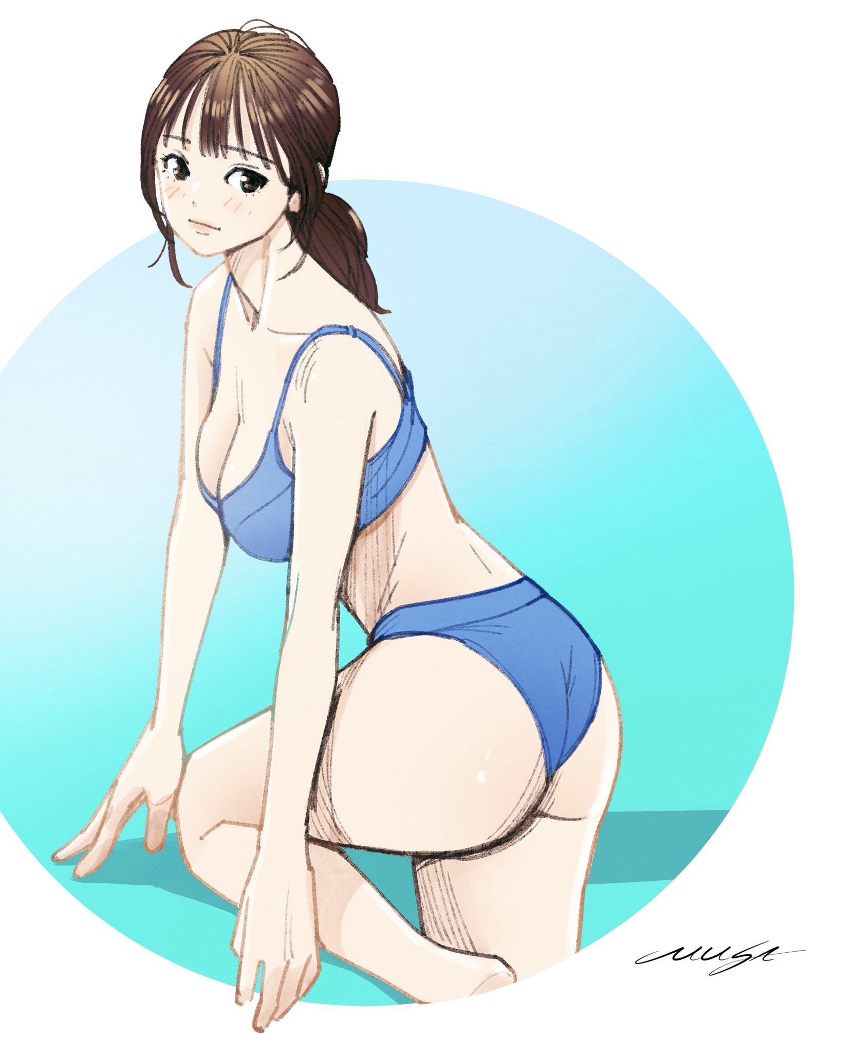 musa (musa draws), original, highres, 1girl, aqua background, ass, bare arms, bare shoulders, bikini, blue bikini, border, breasts, brown hair, cleavage, closed mouth, light blush, long hair, low ponytail, medium breasts, midriff, ponytail, signature, sketch, solo, swimsuit, thighs, white border
