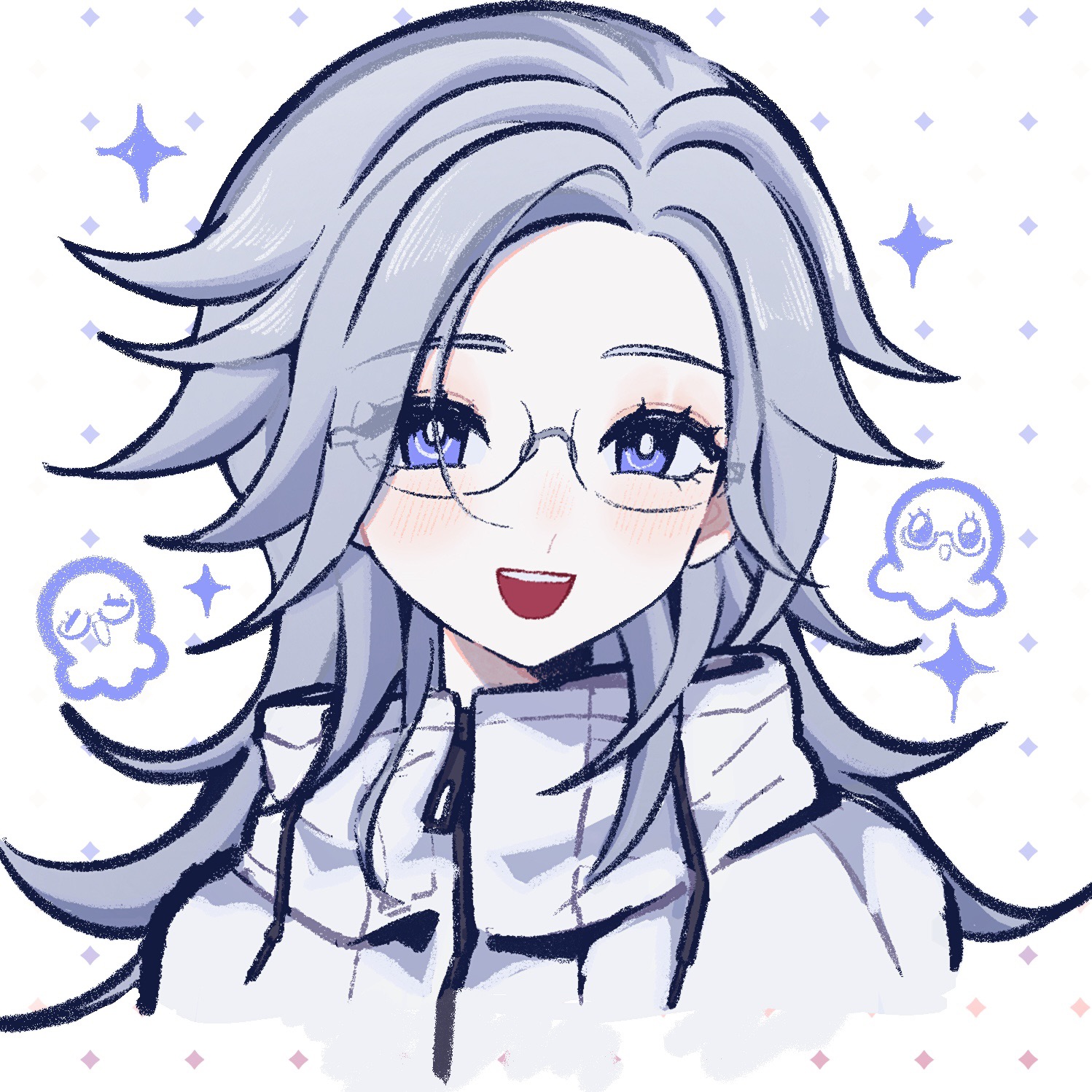 aotsuki eito, the hundred line -last defense academy-, chinese commentary, commentary, highres, 1girl, :d, animalization, bright pupils, cropped torso, doodle inset, genderswap, genderswap (mtf), glasses, grey hair, jacket, long hair, looking at viewer, ludeweixilaopo, octopus, open mouth, purple eyes, smile, solo, sparkle, teeth, upper teeth only, white jacket, white pupils, zipper pull tab