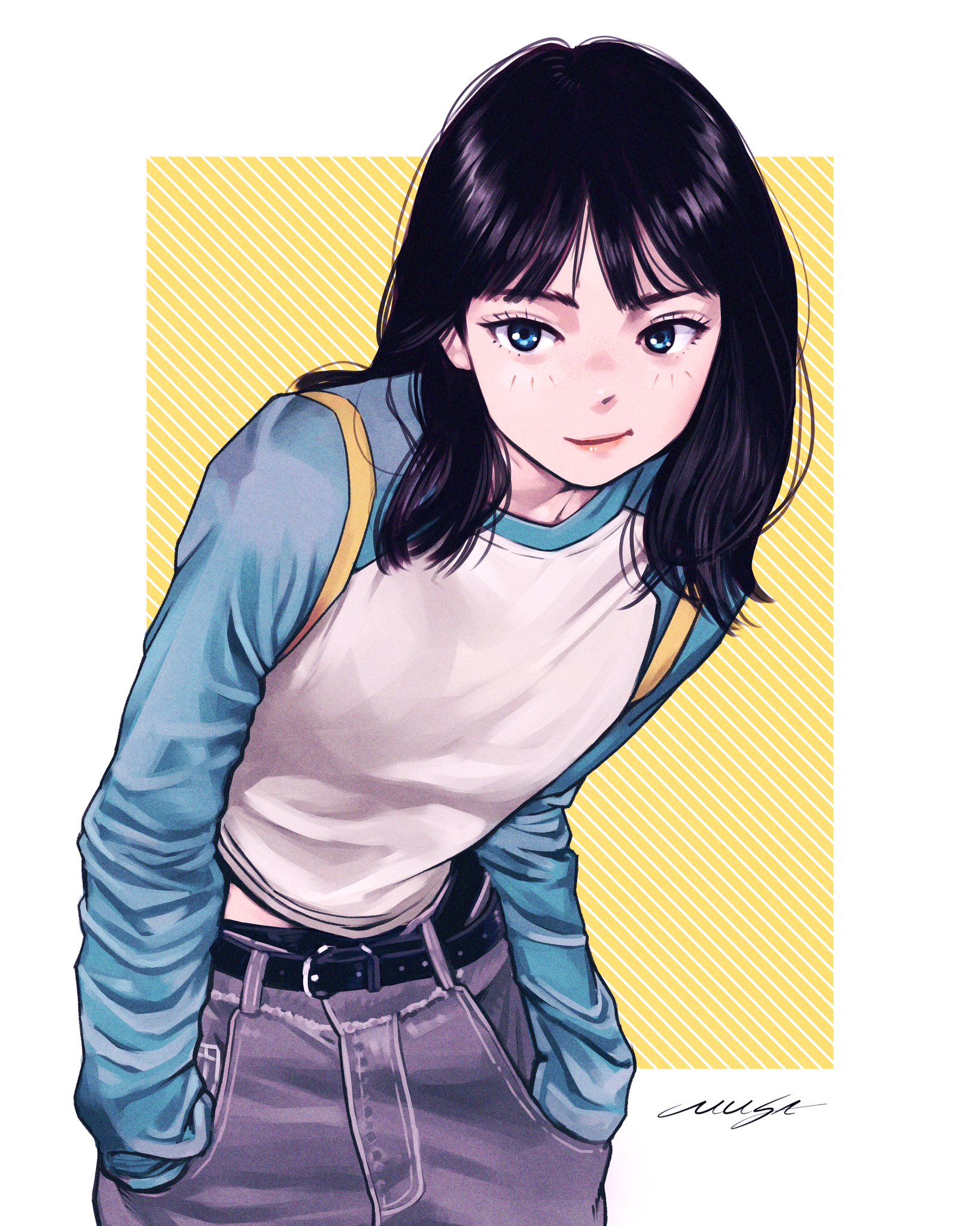 musa (musa draws), original, highres, 1girl, belt, black belt, black hair, blue eyes, blue shirt, blue sleeves, border, breasts, cowboy shot, grey pants, hands in pockets, leaning forward, light blush, light smile, looking at viewer, medium breasts, medium hair, midriff peek, pants, shirt, smirk, solo, two-tone shirt, upper body, white border, white shirt, yellow background