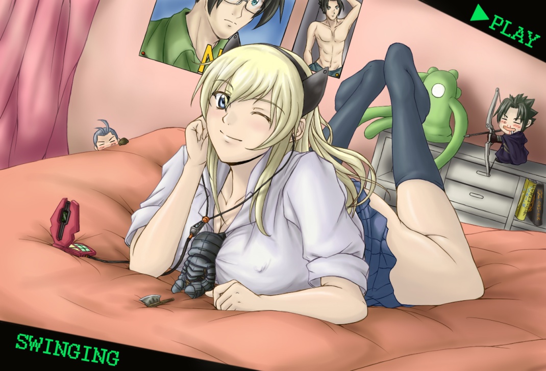 azu (warehouse86), fatina, druaga no tou, bad id, bad pixiv id, 1girl, animal ears, ass, bed, between breasts, blonde hair, blue eyes, blush, breasts, cleavage, earphones, female focus, kneehighs, large breasts, long hair, looking at viewer, lying, on stomach, one eye closed, school uniform, serafuku, sleeves rolled up, smile, socks, solo, the pose, wink