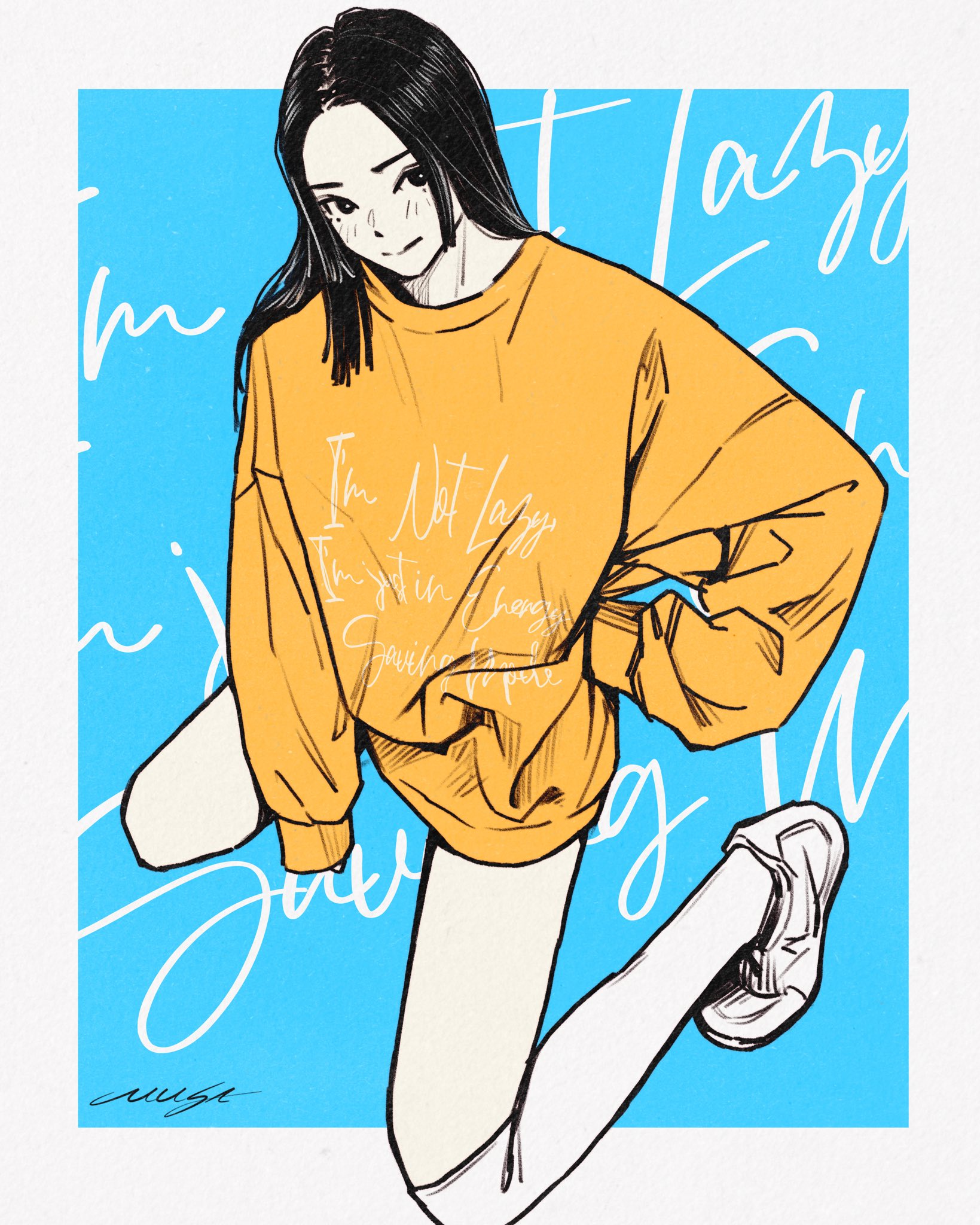 musa (musa draws), original, highres, 1girl, baggy clothes, black hair, blue background, blush, border, closed mouth, full body, hand on own hip, kneehighs, kneeling, long hair, looking at viewer, no pants, orange sweater, parted bangs, shoes, signature, sleeves past fingers, sleeves past wrists, sneakers, socks, solo, straight hair, sweater, white border, white socks