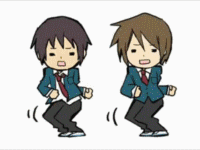 asahina mikuru, koizumi itsuki, kyon, nagato yuki, suzumiya haruhi, suzumiya haruhi no yuuutsu, animated, animated gif, lowres, 00s, 2boys, 3girls, chibi, danjo (tarou), maid, multiple boys, multiple girls, school uniform, serafuku