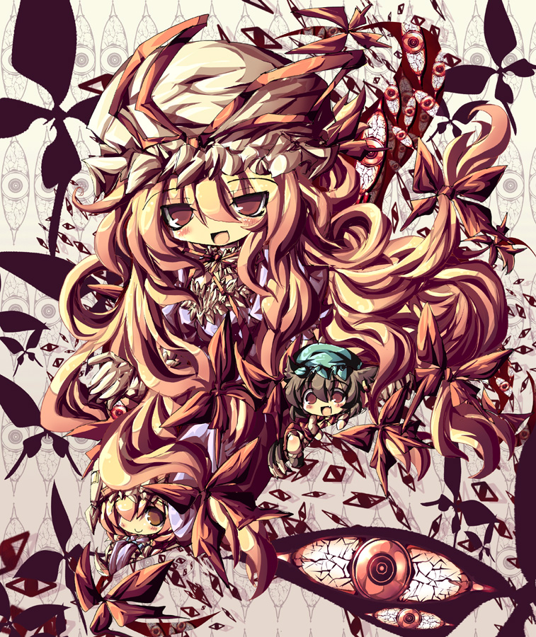 dango mushi, chen, yakumo ran, yakumo yukari, touhou, 3girls, animal ears, blonde hair, brown eyes, brown hair, cat ears, cat girl, cat tail, earrings, fang, female focus, fox ears, fox tail, gap (touhou), hat, jewelry, long hair, multiple girls, ribbon, short hair, smile, tail