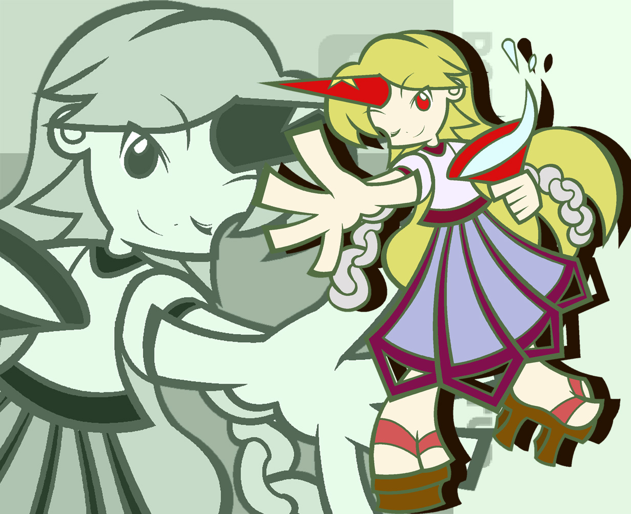 dokuro (pixiv), ikasui (okakenn1224), hoshiguma yuugi, madou monogatari, puyopuyo, puyopuyo fever, touhou, 1girl, blonde hair, cup, female focus, horns, one eye closed, parody, sakazuki, single horn, style parody, wink, zoom layer