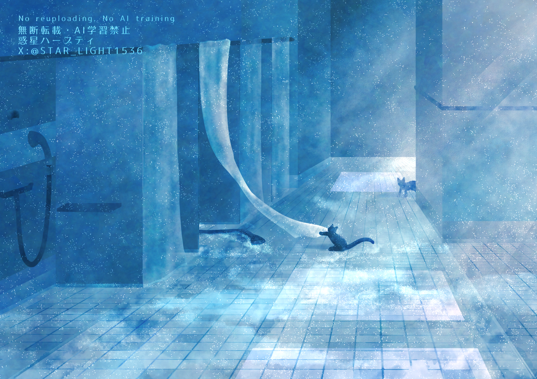 wakusei habuti, original, commentary request, highres, black cat, cat, cool colored, curtains, indoors, no humans, shower (place), shower head, tile floor, tiles, twitter username