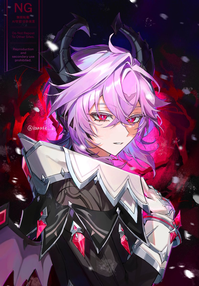 kanase e, mini durin (genshin impact), mini durin (human) (genshin impact), genshin impact, highres, 1boy, black horns, crossed bangs, dragon boy, dragon horns, dragon wings, furry and humanization, gem, hair between eyes, horns, long sleeves, male focus, pink eyes, pink gemstone, purple hair, spiked horns, two-sided horns, wings