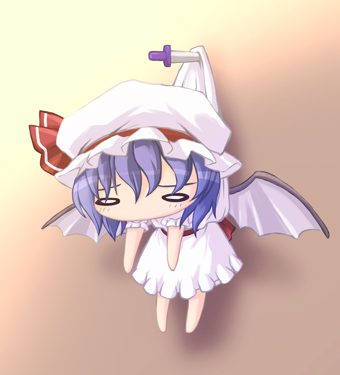 nekoguruma, remilia scarlet, touhou, 1girl, bat wings, chibi, female focus, full body, gradient background, hanging, hat, knife, o o, solo, wings