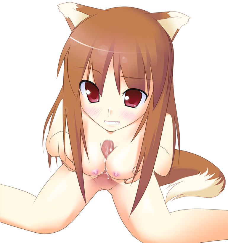 holo, spice and wolf, 00s, 1girl, breasts, censored, cum, large breasts, long hair, mosaic censoring, nipples, nude, paizuri, penis, solo focus, tail