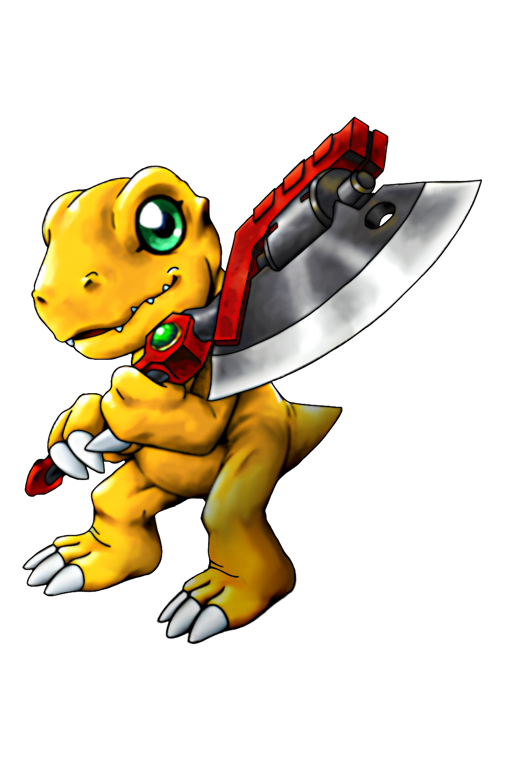 agumon, digimon, digimon world x, highres, axe, claws, digimon (creature), green eyes, looking at viewer, sera-chan (pixiv user 39646239), sharp teeth, teeth, transparent background