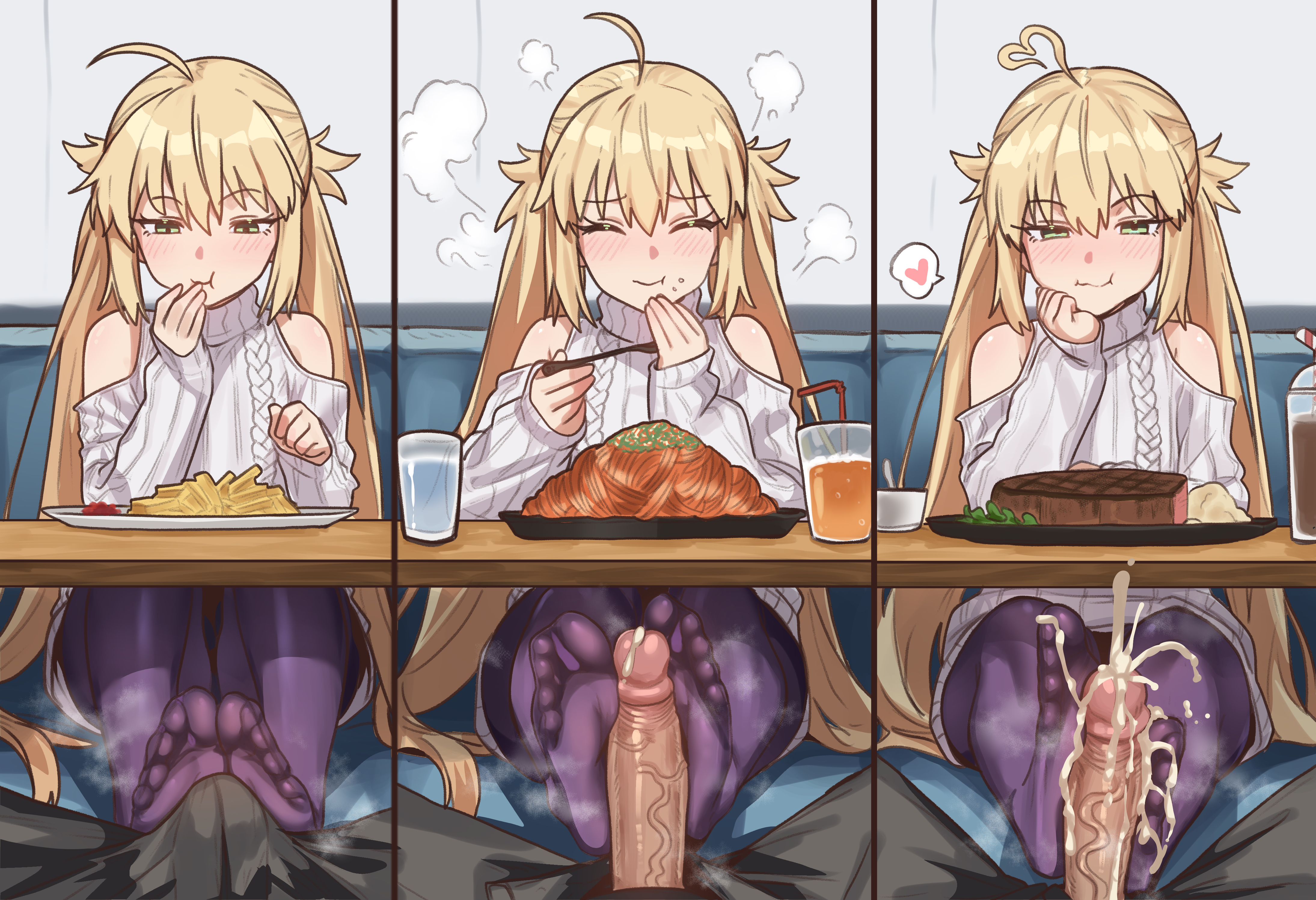ebora, artoria caster (fate), artoria pendragon (fate), fate/grand order, fate (series), absurdres, highres, 1boy, 1girl, ahoge, blonde hair, blush, breasts, cum, cum on body, cum on feet, ejaculation, erection, feet, footjob, footjob over clothes, footjob under table, footjob with legwear, green eyes, heart, heart ahoge, hetero, long hair, long sleeves, looking at viewer, multiple views, no shoes, pantyhose, penis, small breasts, smile, soles, toes, twintails, two-footed footjob, uncensored, veins, veiny penis