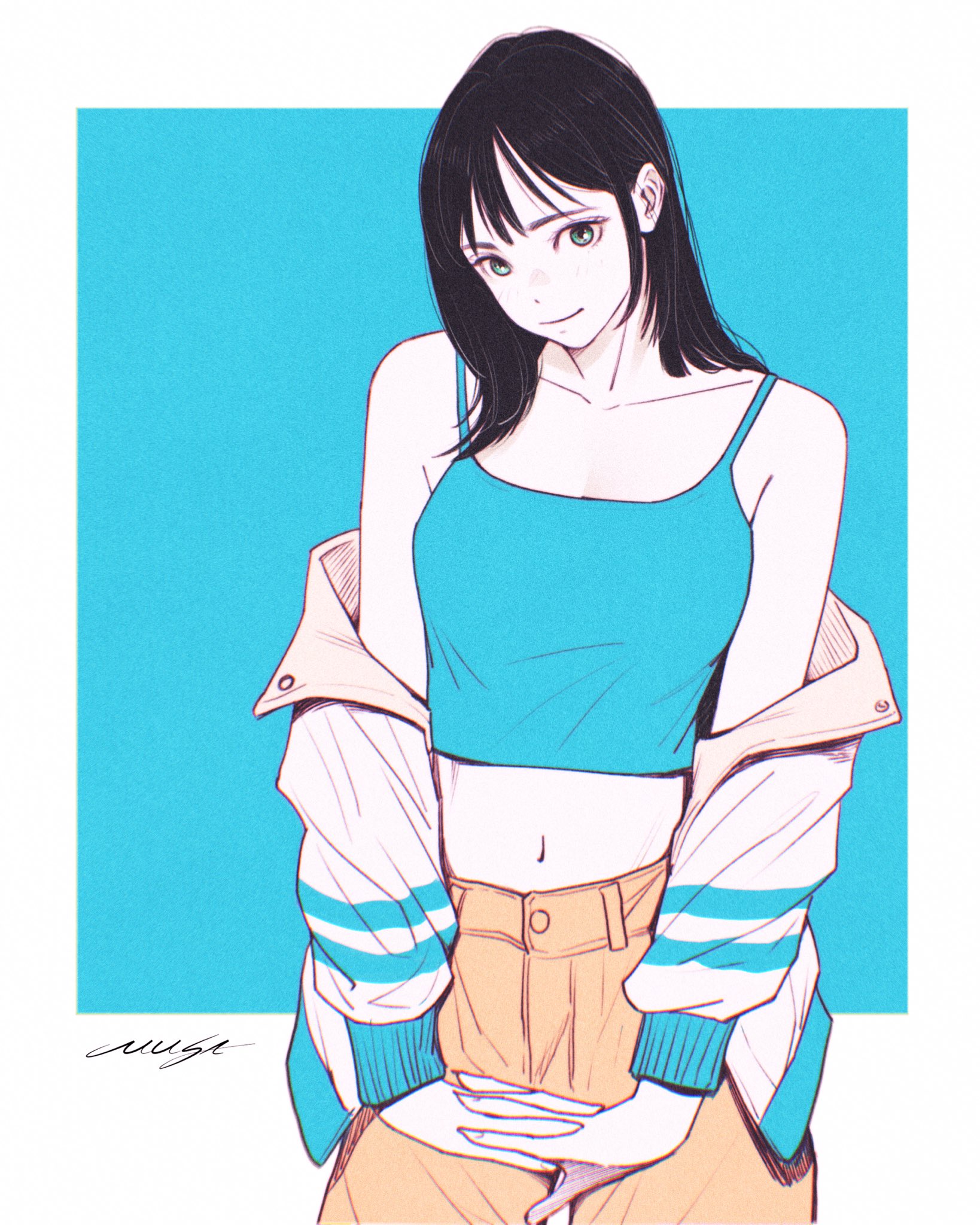 musa (musa draws), original, highres, 1girl, aqua background, aqua camisole, aqua eyes, bare shoulders, black hair, border, breasts, brown pants, camisole, cleavage, closed mouth, collarbone, cowboy shot, interlocked fingers, jacket, jacket partially removed, light smile, long hair, medium breasts, midriff, navel, own hands clasped, own hands together, pants, signature, solo, straight hair, striped clothes, striped jacket, white border