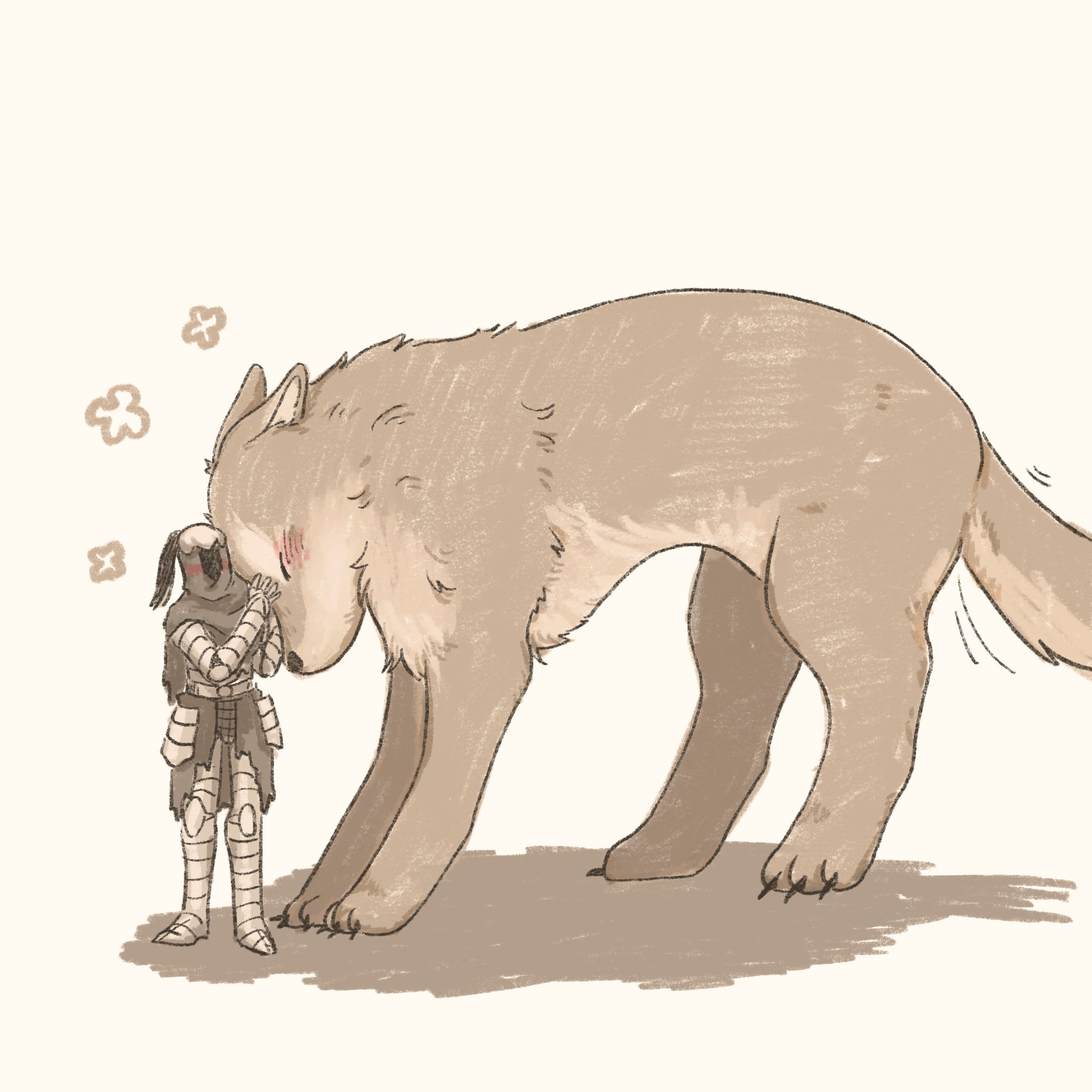 artorias the abysswalker, great grey wolf sif, dark souls (series), dark souls i, highres, 1boy, animal, armor, blush, capelet, dog, full body, gauntlets, greaves, greyscale, hands up, helmet, hood, hood up, monochrome, nuzzle, petting, plume, simple background, spot color, standing, sugulu, tail, tail wagging