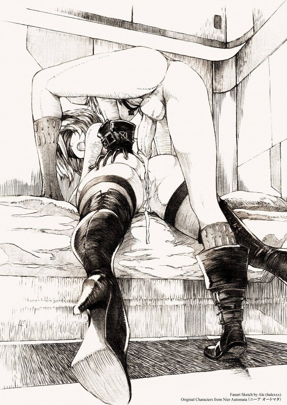 ale (ale halexxx), 2b (nier:automata), 9s (nier:automata), nier:automata, nier (series), highres, 1boy, 1girl, :o, after anal, ass, bed, blindfold, boots, bottomless, cum, cum in ass, cumdrip, english text, foreshortening, greyscale, hand on another's ass, hetero, high heels, indoors, lying, monochrome, on bed, on stomach, open mouth, penis, pussy, shoe soles, short hair, testicles, thigh boots, thighhighs, thighs, uncensored