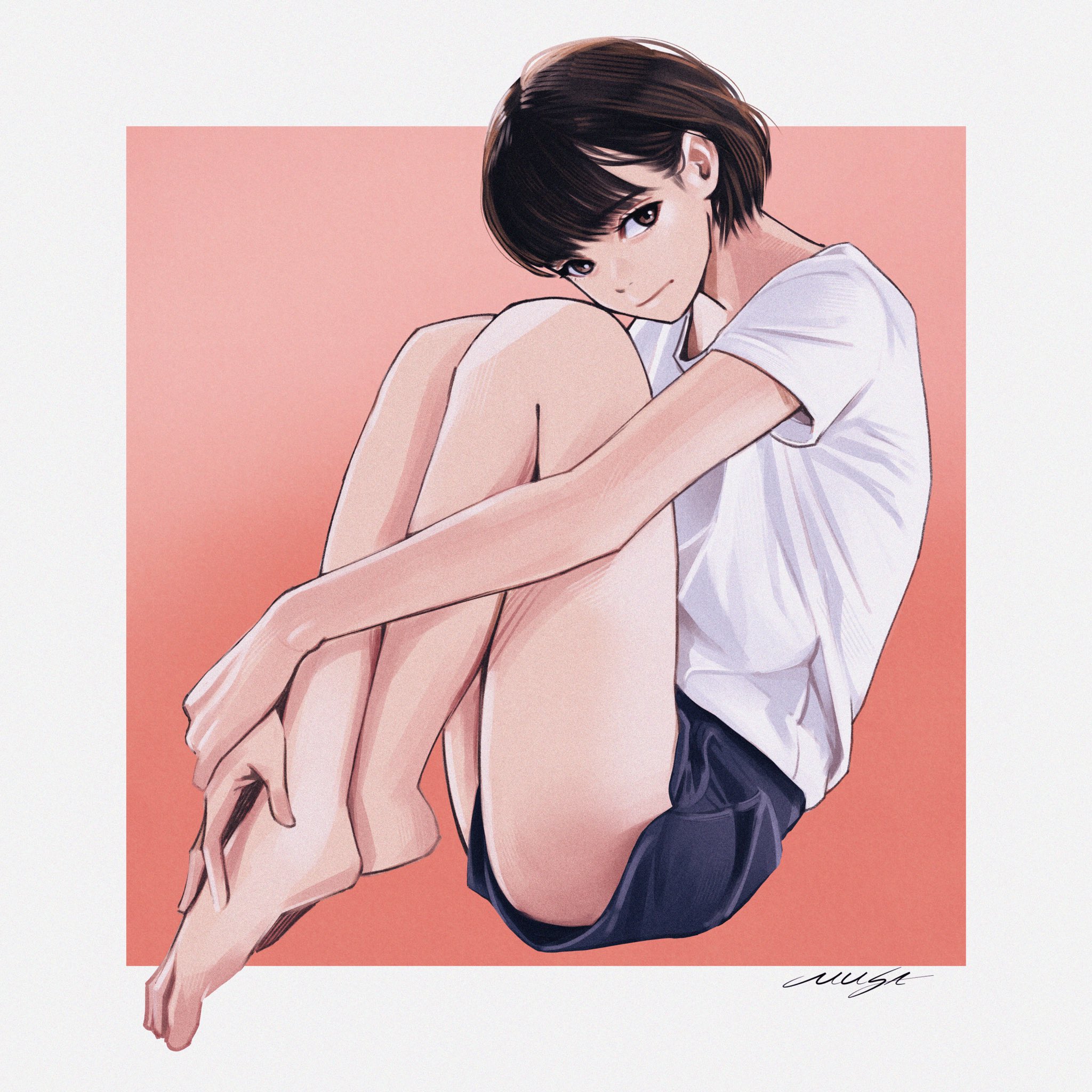 musa (musa draws), original, highres, 1girl, bare legs, barefoot, black bloomers, bloomers, border, breasts, brown eyes, brown hair, closed mouth, full body, hugging own legs, looking at viewer, medium breasts, pink background, shirt, short hair, short shorts, shorts, signature, solo, t-shirt, underwear, white border, white shirt