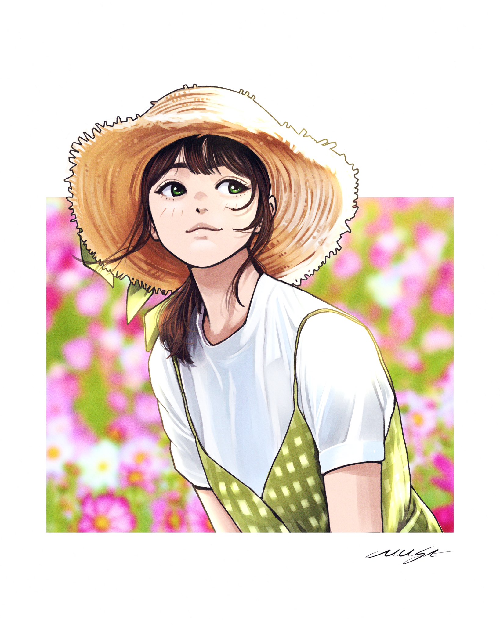 musa (musa draws), original, highres, 1girl, blurry, blurry background, border, brown hair, closed mouth, dress, field, flower, flower field, green dress, green eyes, hat, leaning forward, light blush, light smile, medium hair, pink flower, puffy short sleeves, puffy sleeves, shirt, shirt under dress, short sleeves, signature, solo, straw hat, sun hat, upper body, white border, white flower, white shirt