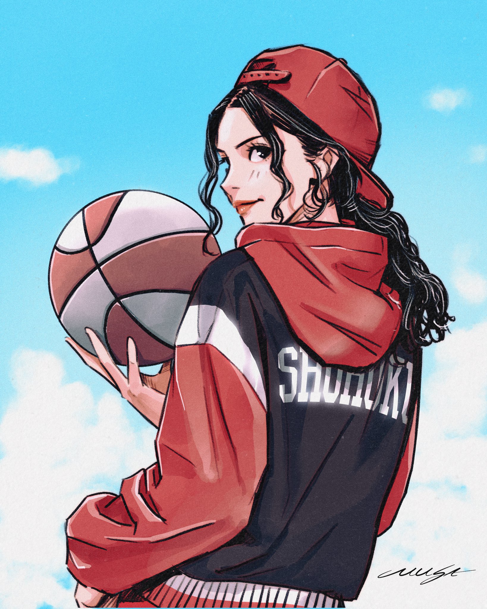 musa (musa draws), ayako (slam dunk), slam dunk (series), highres, 1girl, backwards hat, ball, baseball cap, basketball, basketball (object), black hair, black jacket, blue sky, cloud, cloudy sky, hand on own hip, hat, holding, holding ball, hood, hood down, hooded jacket, jacket, light blush, long hair, looking at viewer, multicolored jacket, parted bangs, red hat, red jacket, sky, solo, two-tone jacket, upper body, wavy hair