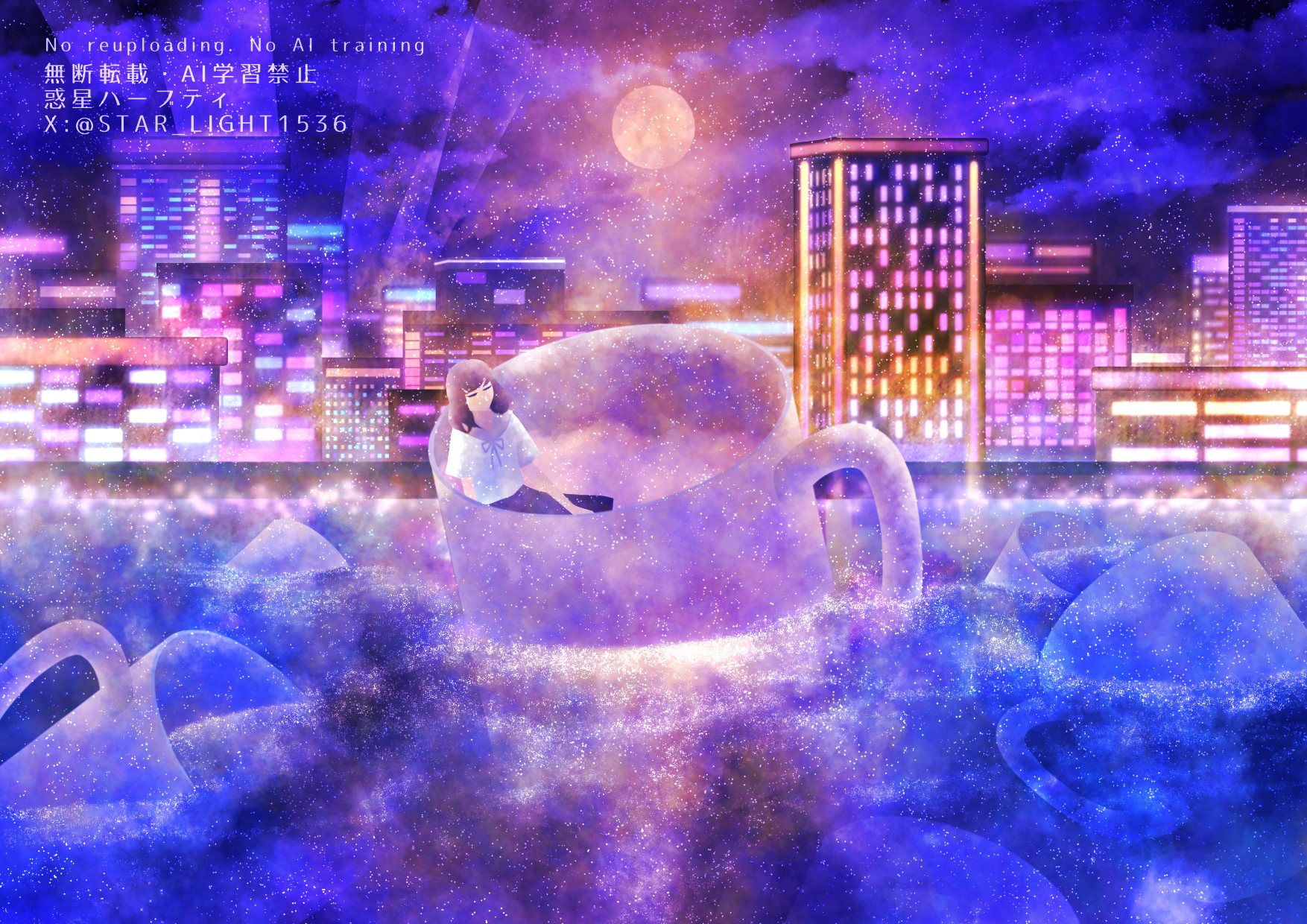 wakusei habuti, original, commentary request, highres, 1girl, black hair, black skirt, building, closed eyes, cloud, cool colored, cup, full moon, medium hair, moon, mug, night, night sky, no mouth, outdoors, river, school uniform, shirt, short sleeves, sitting, skirt, sky, skyline, skyscraper, solo, twitter username, white shirt, wide shot