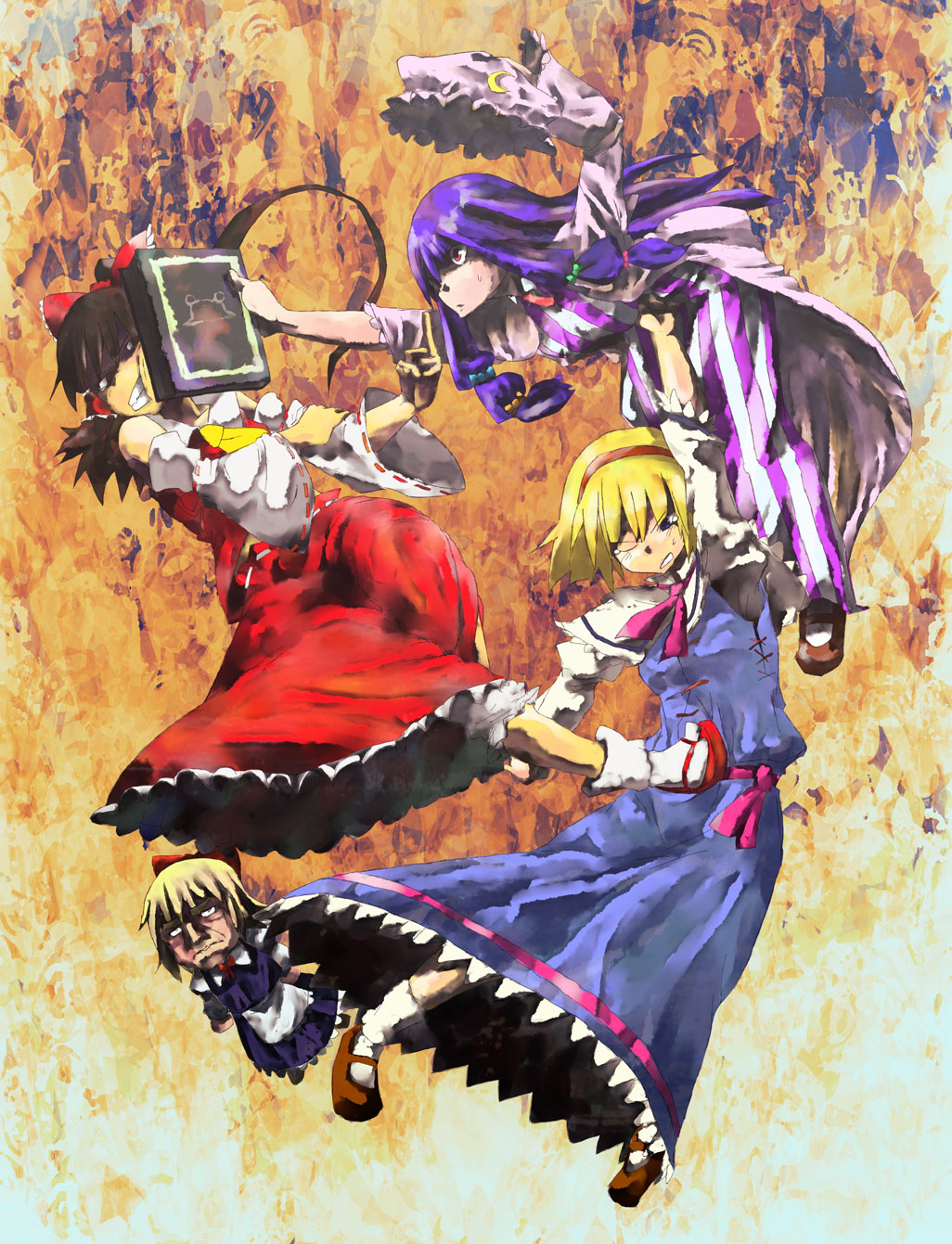 chomoran, hidarite, lefthand, alice margatroid, hakurei reimu, patchouli knowledge, pyonta, shanghai doll, touhou, bad id, bad pixiv id, highres, 4girls, battle, blonde hair, blue eyes, book, detached sleeves, doll, female focus, hairband, hat, japanese clothes, kicking, long hair, middle finger, miko, multiple girls, punching, purple hair, red eyes