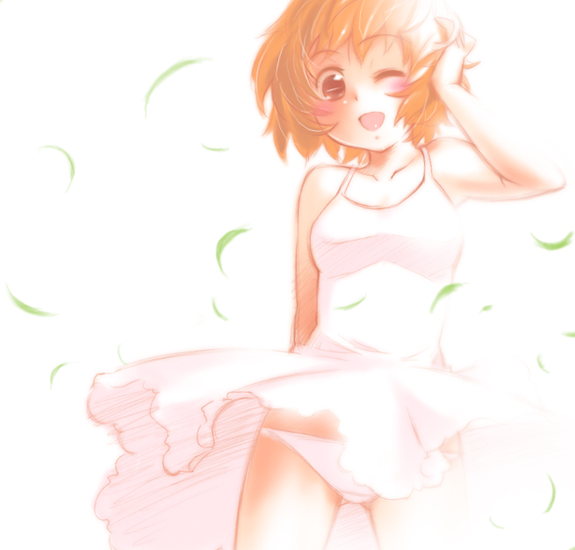 seki suzume, osaragi hazumu, kashimashi, 00s, 1girl, ;d, dress, female focus, genderswap, genderswap (mtf), grass, one eye closed, open mouth, panties, ruffling hair, short hair, smile, solo, sundress, underwear, wind, wind lift